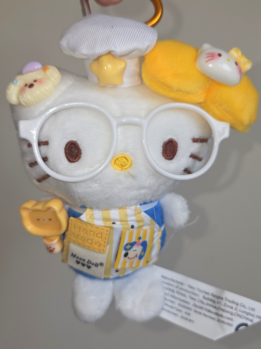 Sanrio White Hello Kitty Plush Keychain with Yellow Beret and Blue Outfit